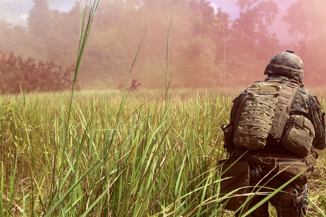 Sgt. Mark Bennettlease, a squad leader with Echo Company, Battalion Landing Team 2nd Battalion, 1st Marines, 11th Marine Expeditionary Unit, engages a role-playing hostiles during a combined company-sized amphibious assault conducted between Echo Co. Marines and members of the Malaysian Armed Forces as part of Malaysia-United States Amphibious Exercise 2014 Sept. 2. MALUS AMPHEX 14 is a bilateral exercise between the 11th MEU and Malaysian Armed Forces designed to foster and sustain cooperative and international relationships with emphasis on amphibious and humanitarian operations within the context of a stability and security operation. (U.S. Marine Corps photo by Sgt. Melissa Wenger/Released)