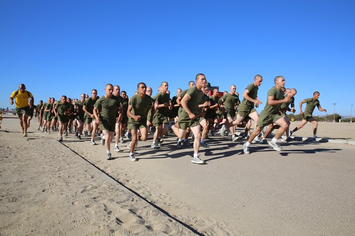 Recruits of Golf Company, 2nd Recruit Training Battalion, conduct their timed three-mile run during the final physical fitness test at Marine Corps Recruit Depot San Diego Aug. 28. The final PFT tests recruit's strength and endurance. 