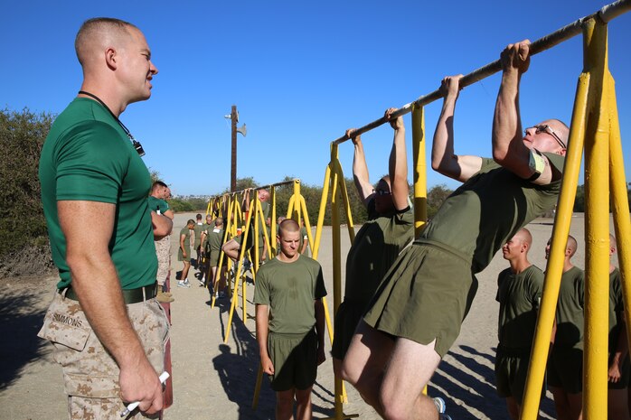 Recruits of Golf Company, 2nd Recruit Training Battalion, gives maximum effort during the pull-ups portion of the Physical Fitness Test at Marine Corps Recruit Depot San Diego, Aug 28. For a maximum score, recruits have to perform an 18 minute three-mile run, 20 pull-ups and 100 crunches achieving 100 points per exercise for a total score of 300.