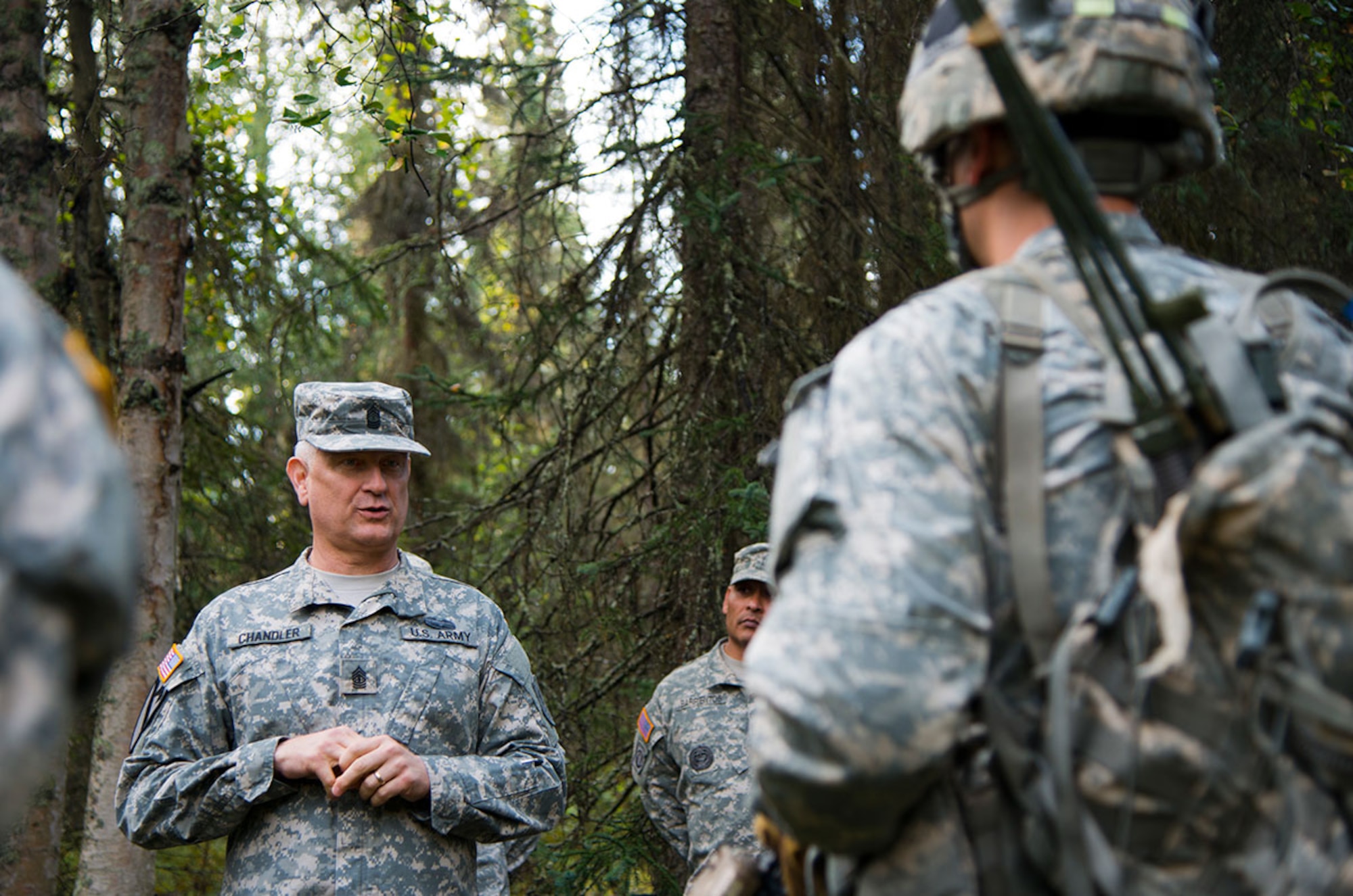 Sgt. Maj. of the Army Raymond Chandler III talks to Soldiers about the future of the Army, highlighting the force of the future and drawdown during his visit to Joint Base Elmendorf-Richardson, Aug. 26. (U.S. Air Force photo/Staff Sgt. Sheila deVera)