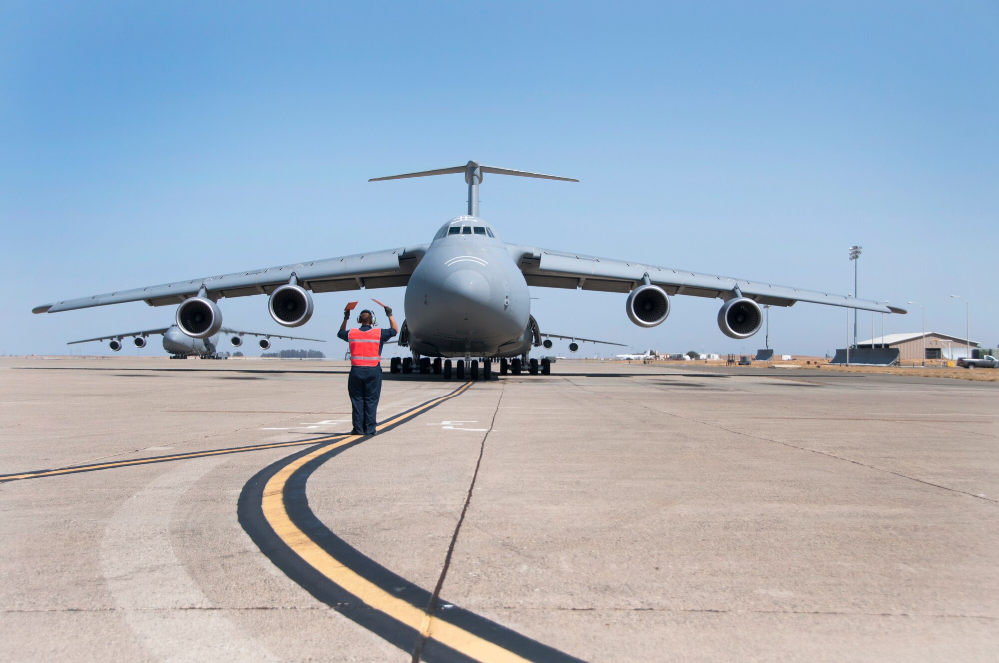 The newly refurbished C-5M Super Galaxy makes its final approach before landing Aug. 26 at Travis Air Force Base. (U.S. Air Force photo by Tech. Sgt. Patrick Harrower)