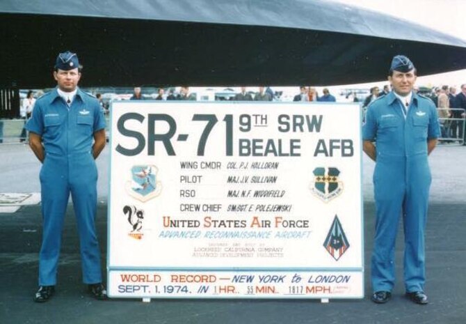 Maj. James V. Sullivan (Left) and Maj. Noel Widdifield set a new world speed record on Sept. 1, 1974, flying the SR-71 from New York to London in less than two hours. (Courtesy photo)  