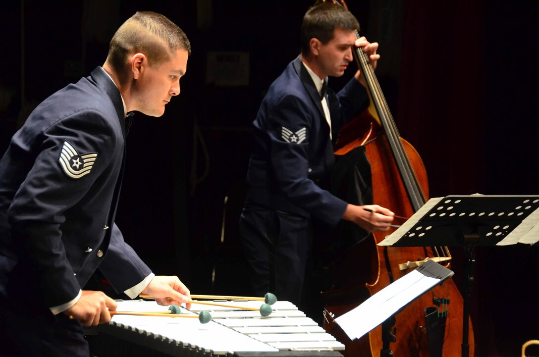 Technical Sgt. Tim Shaw and Staff Sgt. Andy Peck from the US Air Force Band of the Golden West perform a vibraphone and bass duet during the band's 2013 Chamber Players recital series.
