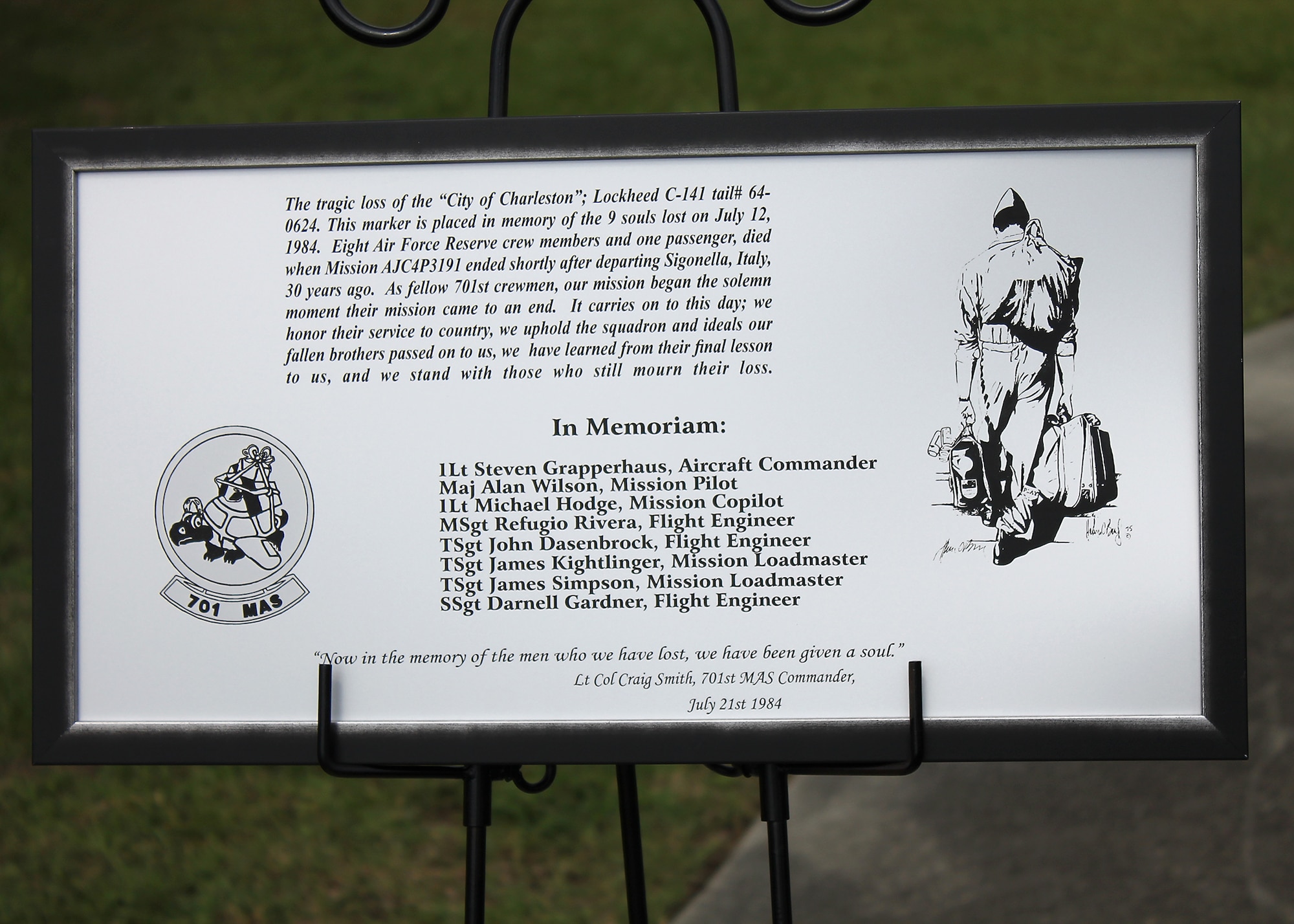 A memorial placard honoring nine fallen 701st Military Airlift Squadron Airmen who died when their C-141 Starlifter crashed 30 years ago on July 12, 1984 was unveiled during a 701st Airlift Squadron during a remembrance ceremony in the Joint Base Charleston heritage air park. (Courtesy photo)