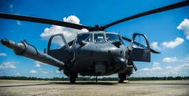 A U.S. Air Force HH-60 Pave Hawk helicopter from the 41st Rescue Squadron, Moody Air Force Base, Ga. waits to be refueled Sept. 3, 2014, on the flightline at Joint Base Charleston, S.C.  Airmen with the 41st RQS were participating in a training mission and stopped at JB Charleston for refueling before flying back to Moody AFB.  (U.S. Air Force photo/Airman 1st Class Clayton Cupit)
