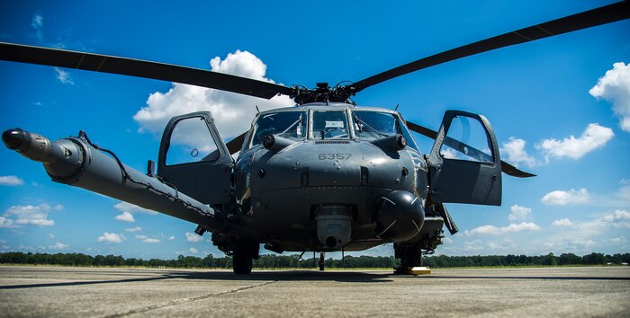 A U.S. Air Force HH-60 Pave Hawk helicopter from the 41st Rescue Squadron, Moody Air Force Base, Ga. waits to be refueled Sept. 3, 2014, on the flightline at Joint Base Charleston, S.C.  Airmen with the 41st RQS were participating in a training mission and stopped at JB Charleston for refueling before flying back to Moody AFB.  (U.S. Air Force photo/Airman 1st Class Clayton Cupit)