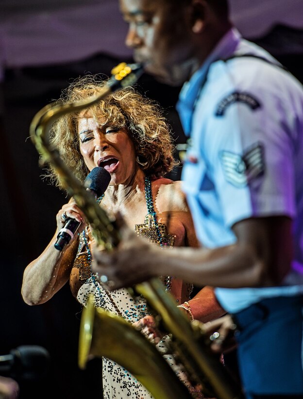 The Airmen of Note traveled to the Detroit Jazz Festival to perform and represent the Air Force at the largest free jazz festival in the world!  A highlight of their performance was the opportunity to collaborate with superstar vocalist Freda Payne, pictured with tenor saxophonist Technical Sergeant Grant Langford. (US Air Force Photo by Senior Master Sgt. Kevin Burns/released)