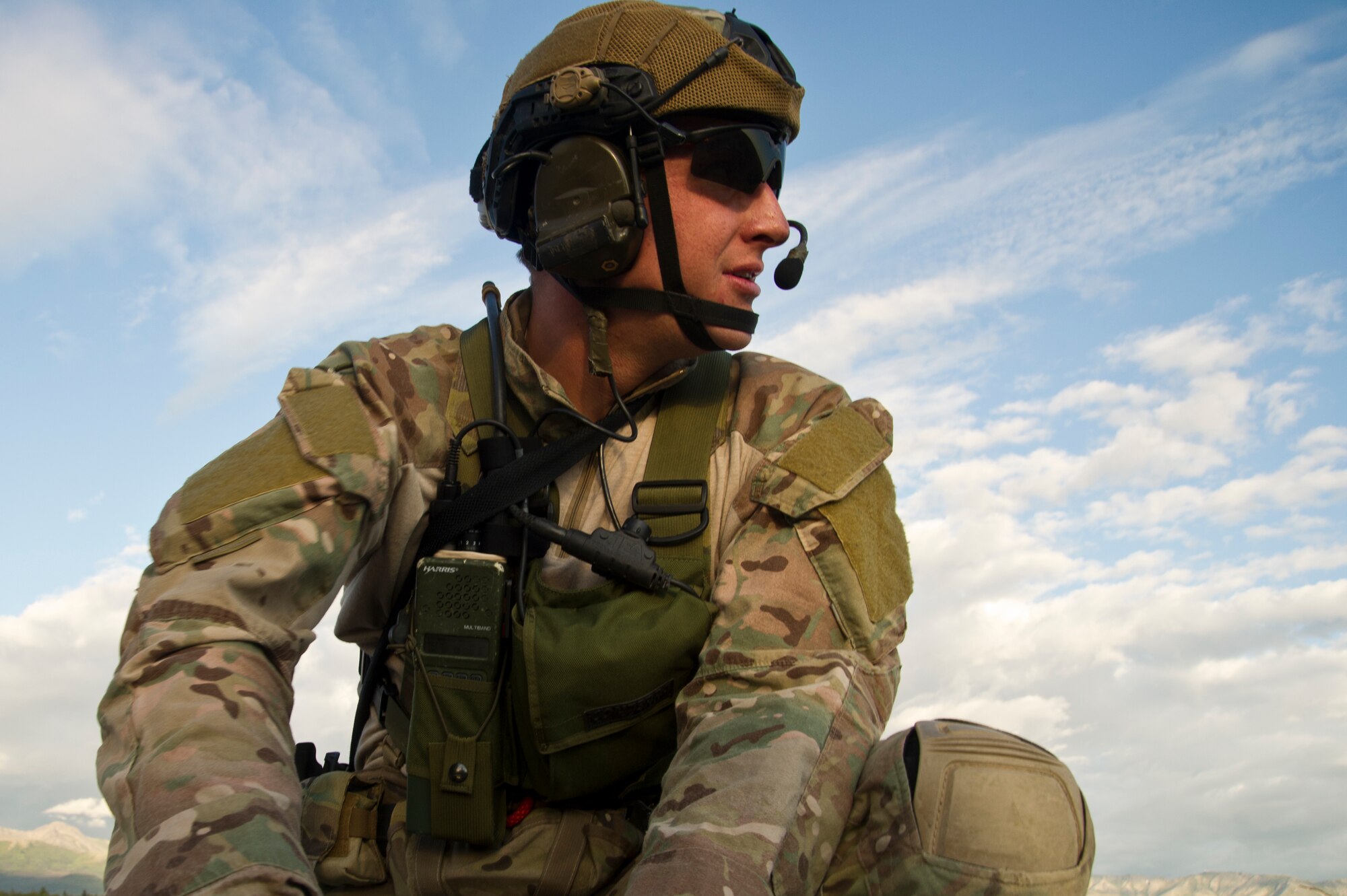U.S. Air Force Senior Airman Jason Hughes a  pararescueman also known as PJ (para-jumper) assigned to the 306th Rescue Squadron (Pararescue/Guardian Angels) at Davis-Monthan AFB Ariz., provides medical treatment during simulated mass casualty combat training scenario July 30, 2014. Hughes is working alongside PJs from the Alaska Air National Guard at  Joint Base Elmendorf-Richardson, Alaska. The PJs are responsible for providing emergency and lifesaving services to military members and civilians in both peacetime and combat environments, they go behind enemy lines before anyone else to set on a drop zone/air field and help call in fire support.
