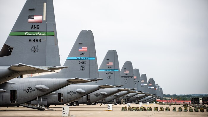 C-130s from the Air National Guard wait on the Ramstein Air Base flightline, Germany, Sept. 3, 2014, just days before they'll be loaded up with Army and Air Force paratroopers to support the Steadfast Javelin II exercise. Steadfast Javelin II is a NATO-led exercise involving more than 2,000 service members from several nations, and takes place across Estonia, Germany, Latvia, Lithuania and Poland. The exercise focuses on increasing interoperability and synchronizing complex operations between allied air and ground forces through airborne and air-assault missions. (U.S. Air Force photo/ Airman 1st Class Jordan Castelan)