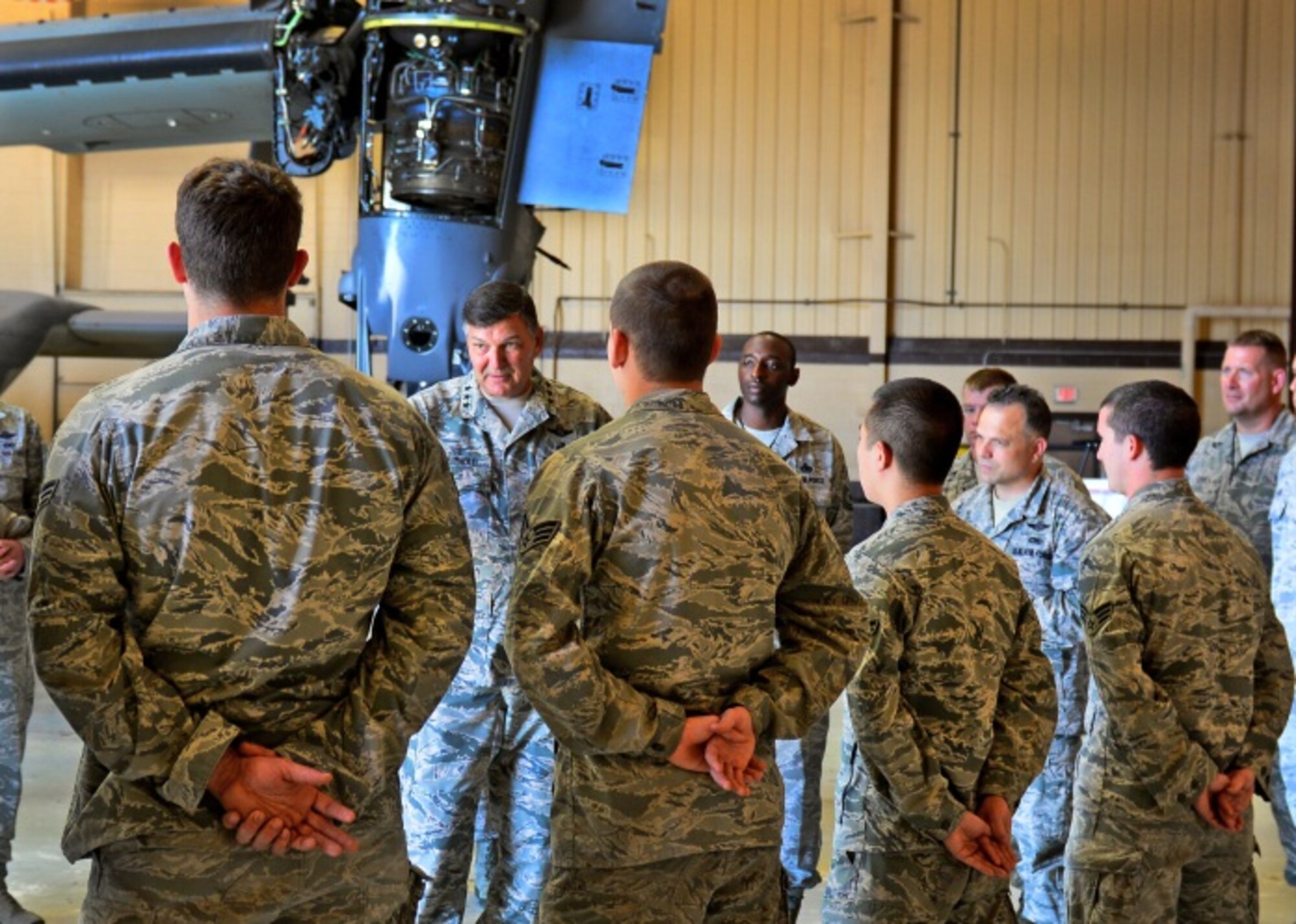 U.S. Air Force Lt. Gen. Brad Heithold, Air Force Special Operations Command commander, speaks with Airmen during a visit Sept. 3, 2014 at Cannon Air Force Base, N.M.  Heithold discussed his priorities and how each 27th Special Operations Wing Airman is connected to the overall mission. (U.S. Air Force photo/Airman 1st Class Shelby Kay-Fantozzi) 