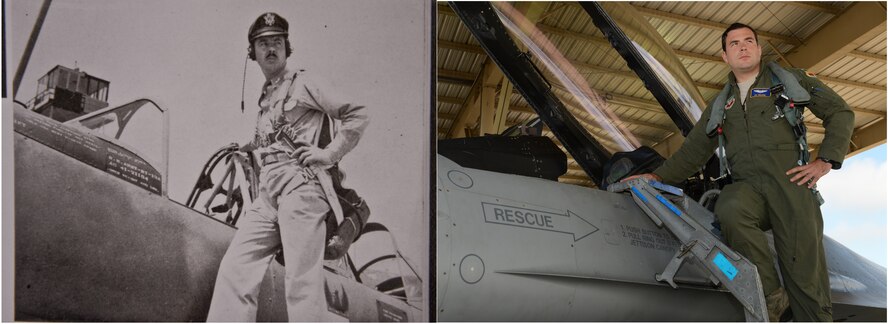 (Left) Circa 1940, the Vultee BT-13 was the aircraft flown at Shaw, a parachute was attached to the pilot’s legs; today, the F-16 is the current aircraft flown and the parachute is in the seat of the jet. (Right) U.S. Air Force Capt. Cayce Wilkins, 55th Fighter Squadron F-16CM Fighting Falcon pilot, stands beside the cockpit of an F-16 at Shaw Air Force Base, S.C., Sept 4, 2014. Wilkins has been at Shaw for “1.55” years. (U.S. Air Force photo by Senior Airman Tabatha Zarrella/Released)