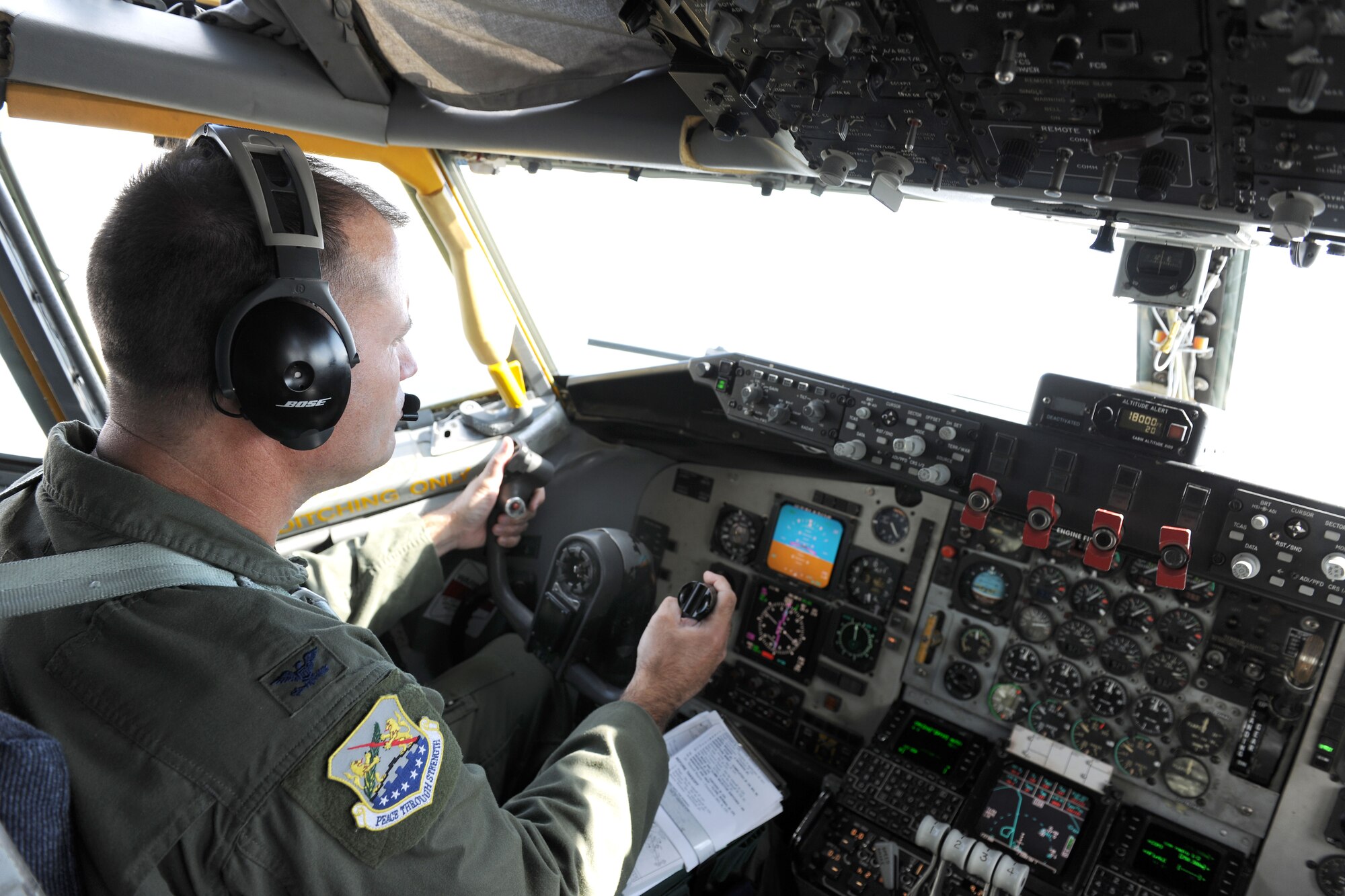 U.S. Air Force Col. Kenneth T. Bibb, Jr., 100th Air Refueling Wing commander, pilots a KC-135 Stratotanker to Moron Air Base, Spain, Aug. 27, 2014, from RAF Mildenhall, England. Bibb is qualified as a command pilot with more than 4,500 flight hours and tries to fly whenever his schedule as a wing commander allows. (U.S. Air Force photo/Senior Airman Kate Maurer/Released)