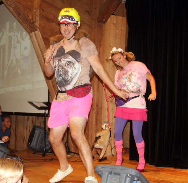 Kyle (front) and Kelsey Eberth, Young Life volunteers, put on a show titled "The Jimmy and Kimmy show," August 21, 2014 as part of the daily entertainment offered at Malibu Club, located in the Princess Louisa inlet, 100 miles north of Vancouver, Canada, a resort in which more than 55 JBLM military families had a chance to experience. Each day there were more than 100 volunteers who helped make this event successful and each of them paid their own way to be a part of this event that showed and paid respect to the military and their families. (U.S. Air Force photo/Master Sgt. Todd Wivell)