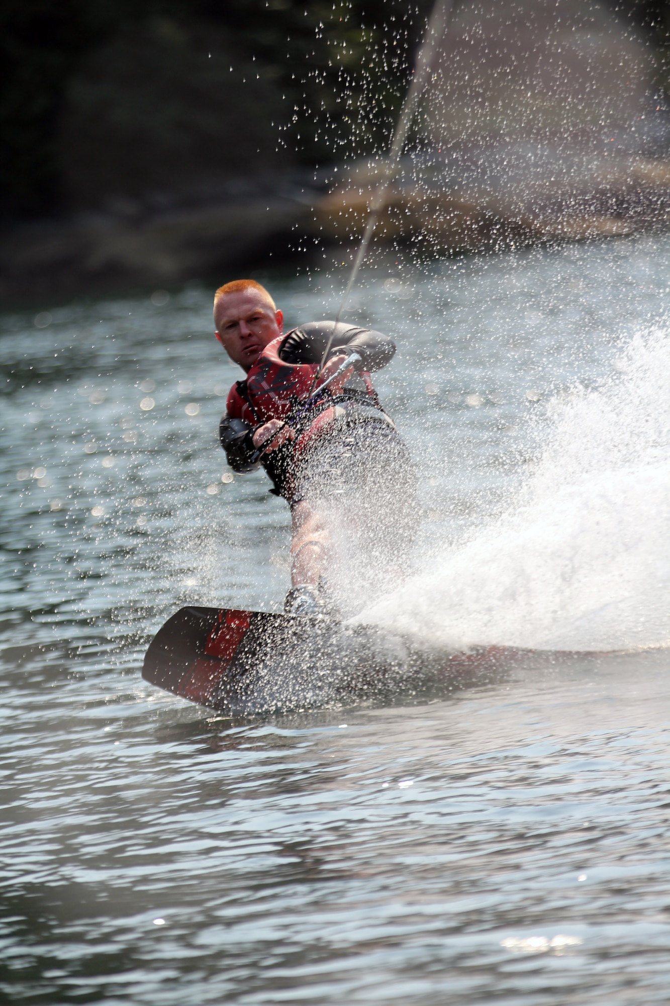 Sgt. Keith Robeson, 3-2 Stryker Brigade, 123rd Infantry member, enjoys wake-boarding in the Princess Louisa inlet, Canada as part of the activities offered to military families at the Military Family Camp at Malibu Club. The club is located in such a remote area that there is no television, no internet and no cell phone service, which forced family members to get out and adventure beyond their normal means.
(U.S. Air Force photo/Master Sgt. Todd Wivell)