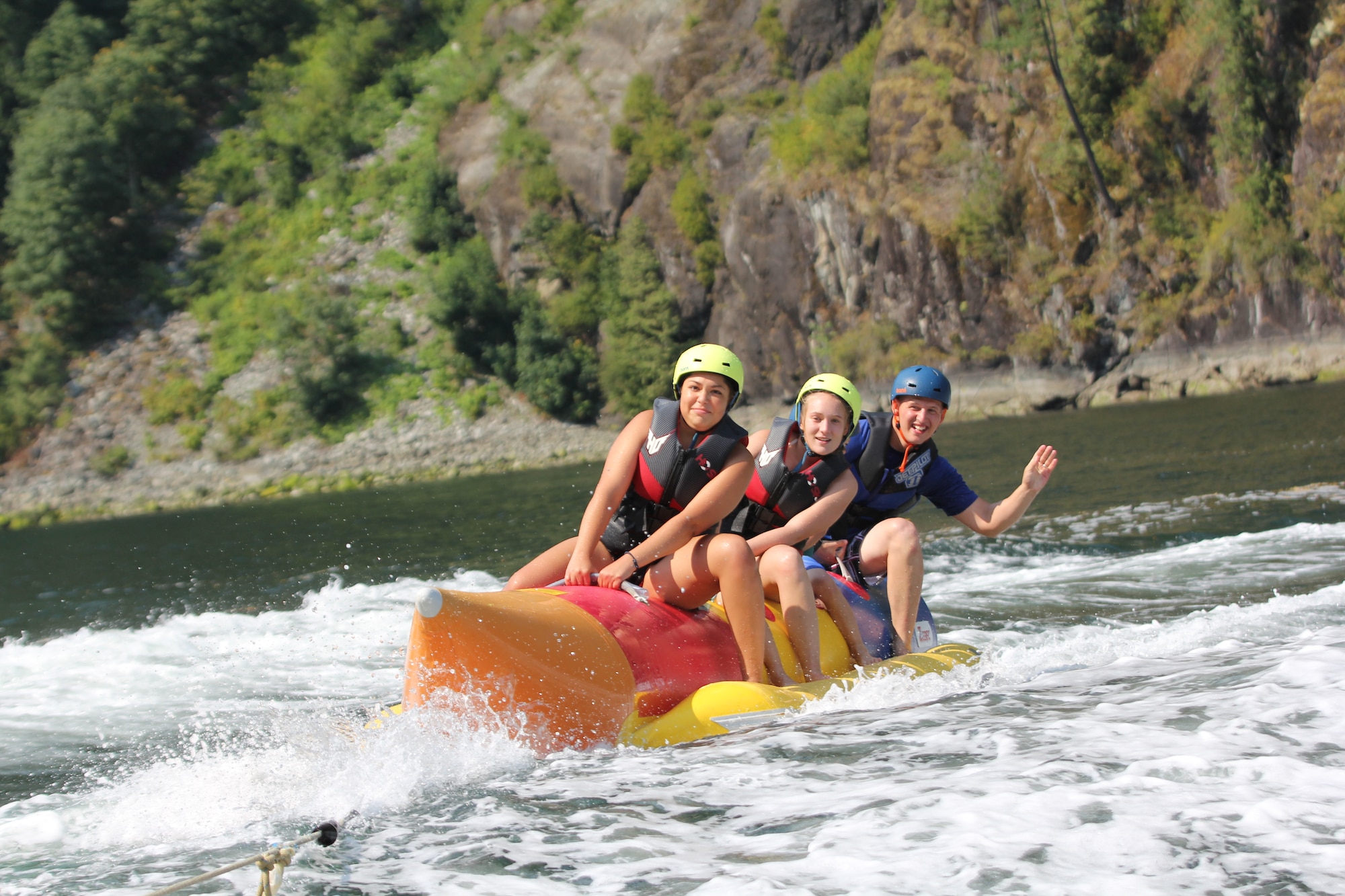 Sgt. Ryan Kaiser (back), 2nd Brigade HHC member, along with fellow campers,
ride a banana boat, August 21, 2014 offered as part of the week of fun at Malibu Club, located 100 miles north of Vancouver, Canada. From the weeks of August 17 - 30, more than 55 JBLM military families experienced this as part of a Military Family Camp special event. (U.S. Air Force photo/Master Sgt. Todd Wivell)