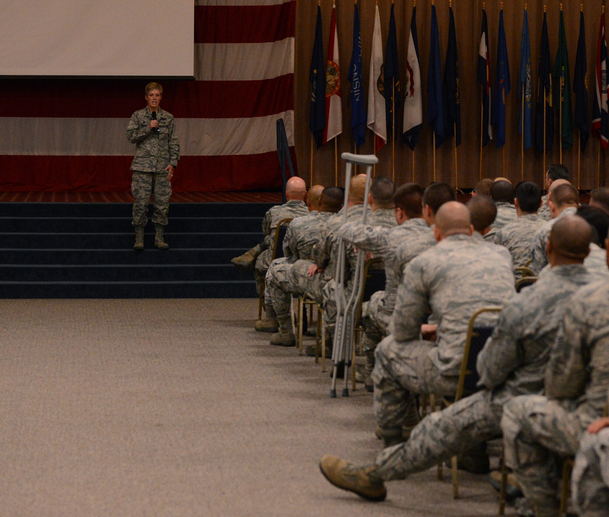 Col. Kristin Goodwin, 2nd Bomb Wing commander, gives closing remarks during an all call on Barksdale Air Force Base, La., Aug. 28, 2014. The all call was held to remind Airmen about safe driving tips during the holiday weekend and to sum up the 101 critical days of summer. (U.S. Air Force photo/Senior Airman Benjamin Gonsier)