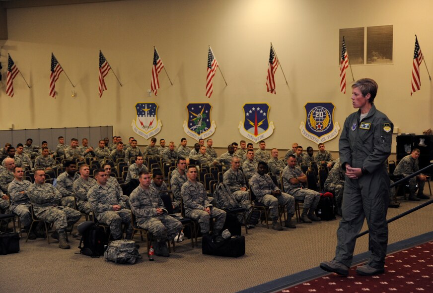 Col. Kristin Goodwin, 2nd Bomb Wing commander, speaks to 2nd Bomb Wing Airmen before they depart for Andersen Air Force Base, Guam, on Barksdale Air Force Base, La., Sept. 3, 2014. The Airmen are deploying for six months in support of the continuous bomber presence in the Pacific. (U.S. Air Force photo/Senior Airman Joseph A. Pagán Jr.)