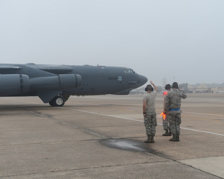 A B-52H Stratofortress taxis onto the runway on Barksdale Air Force Base, La., Sept. 3, 2014. The aircraft departed Barksdale to support the continuous bomber presence in the Pacific region. Air Force Global Strike Command's deployment of bombers to Andersen Air Force Base, Guam, not only showcases the commands ability to conduct its mission, but it also exemplifies commitment to providing global vigilance, reach and power. (U.S. Air Force photo/Senior Airman Benjamin Gonsier)