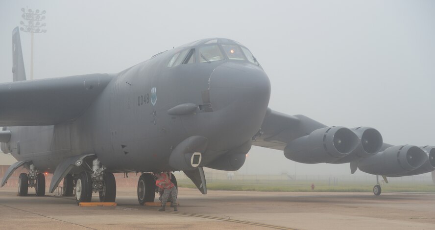 A B-52H Stratofortress is prepared for takeoff on Barksdale Air Force Base, La., Sept. 3, 2014. A large group of Airmen from the 96th Bomb Squadron deployed to Guam in support of the Air Force's continuous bomber presence in the Pacific region. Barksdale is one of three Air Force Global Strike Command bases that supports the CBP in the Pacific region, including Minot Air Force Base, N.D., and Whiteman Air Force Base, Mo. (U.S. Air Force photo/Senior Airman Benjamin Gonsier)