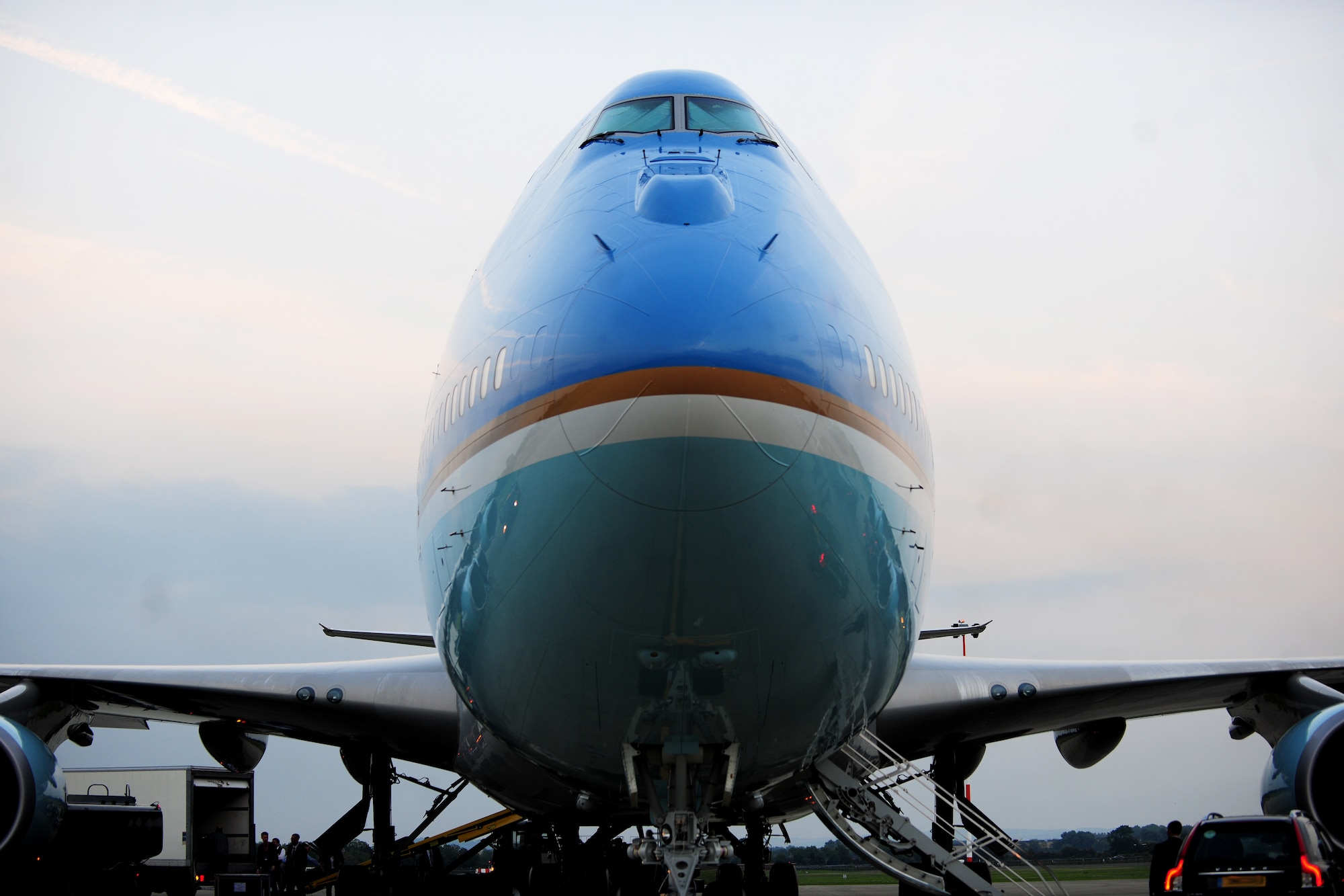 Air Force One sits on the flightline at RAF Fairford, United Kingdom, Sept. 3, 2014, as crews of U.S. Air Force Airmen, U.K. Ministry of Defence and U.S. Department of Defense civilians work to refuel and prepare the aircraft for its upcoming departure. During the preparation for this presidential visit, team Fairford partnered with 3rd Air Force and U.S. Air Forces in Europe and Africa teams to ensure the arrival exceeded expectations. (U.S. Air Force photo by Staff Sgt. Jarad A. Denton/Released) 