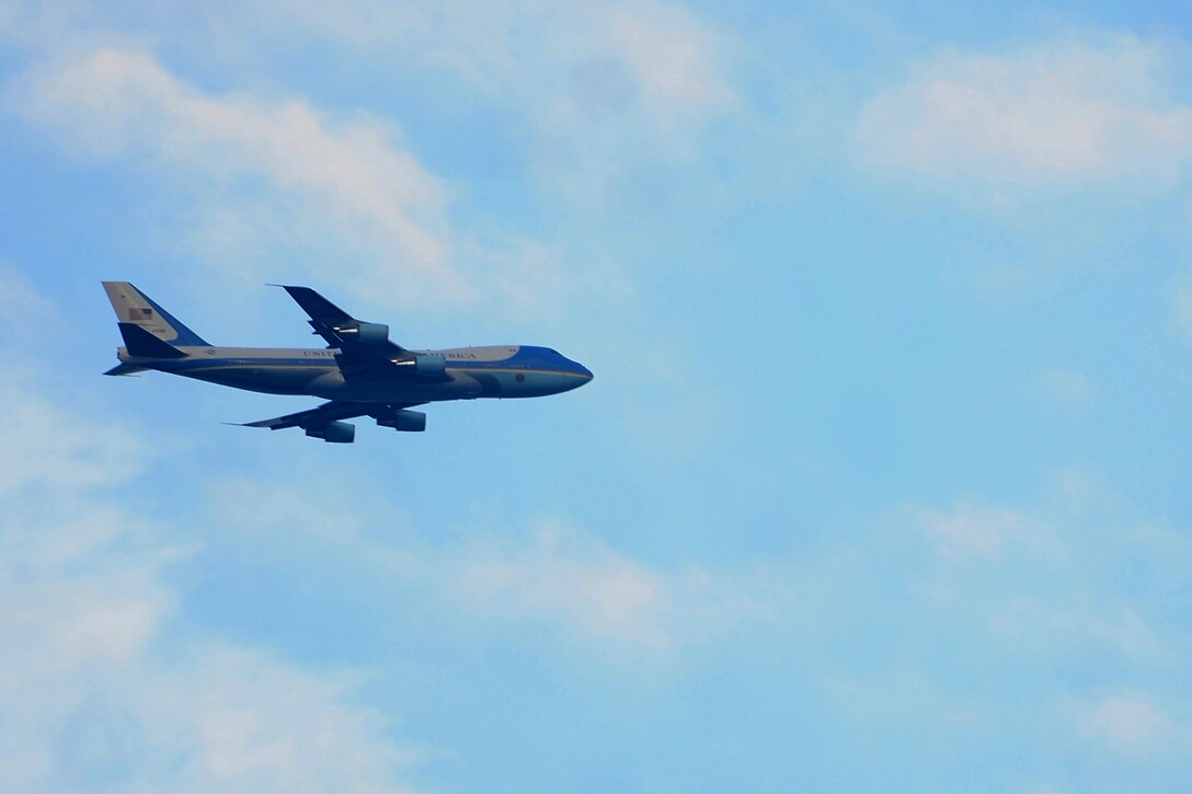 Air Force One, a highly-customized Boeing 747-200B, prepares to land at RAF Fairford, United Kingdom, Sept. 3, 2014. After landing and delivering President Barack Obama to Marine One, Air Force One was refueled and prepped for travel by a team of U.S. Air Force Airmen working at Fairford. (U.S. Air Force photo by Staff Sgt. Jarad A. Denton/Released)