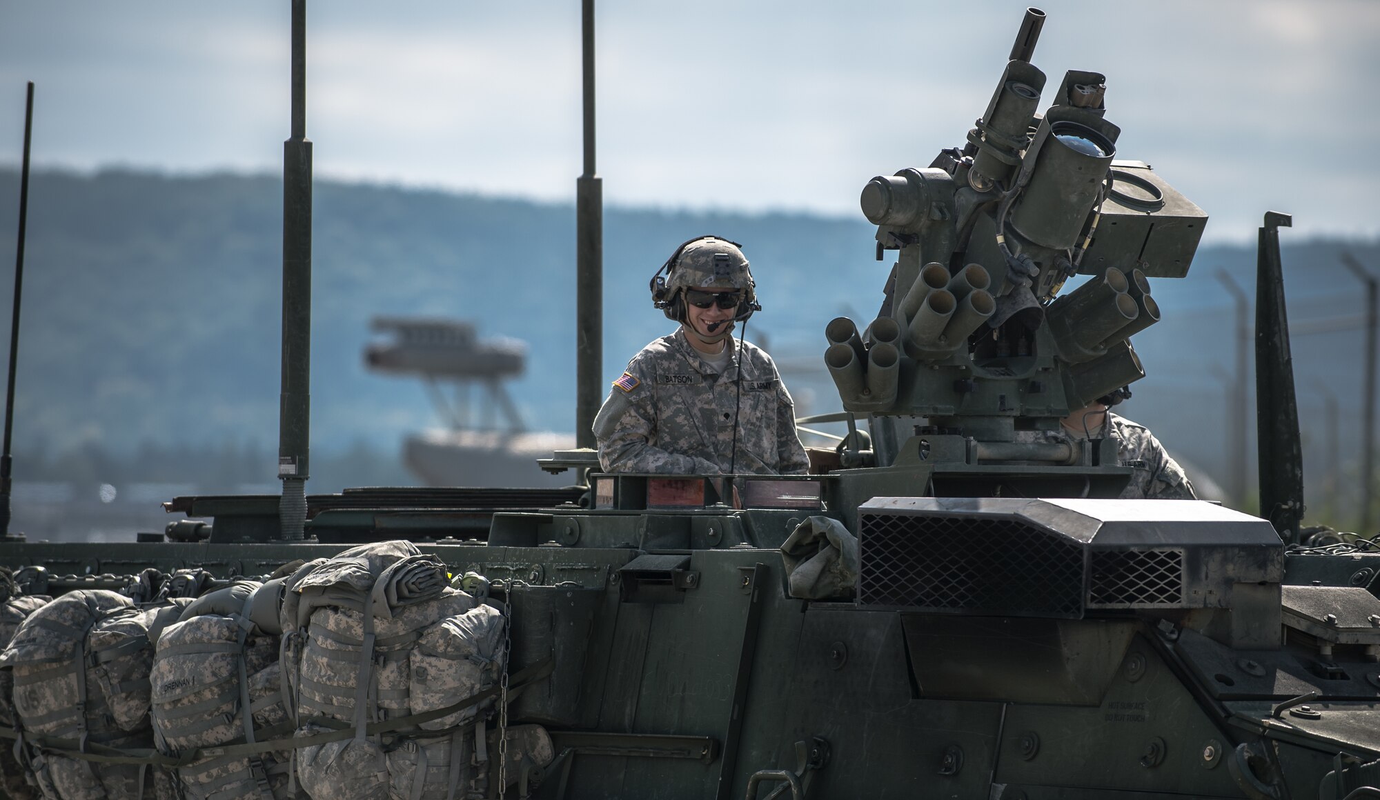 U.S. Army Stryker infantry carrier vehicles convoy across the flightline during operations in support of Steadfast Javelin II on Ramstein Air Base, Germany, Sept. 3, 2014. This NATO exercise involves over 2,000 troops from nine nations, and takes place across Estonia, Germany, Latvia, Lithuania and Poland. The exercise focuses on increasing interoperability and synchronizing complex operations between allied air and ground forces through airborne and air assault missions. (U.S. Air Force photo/Airman 1st Class Jordan Castelan)