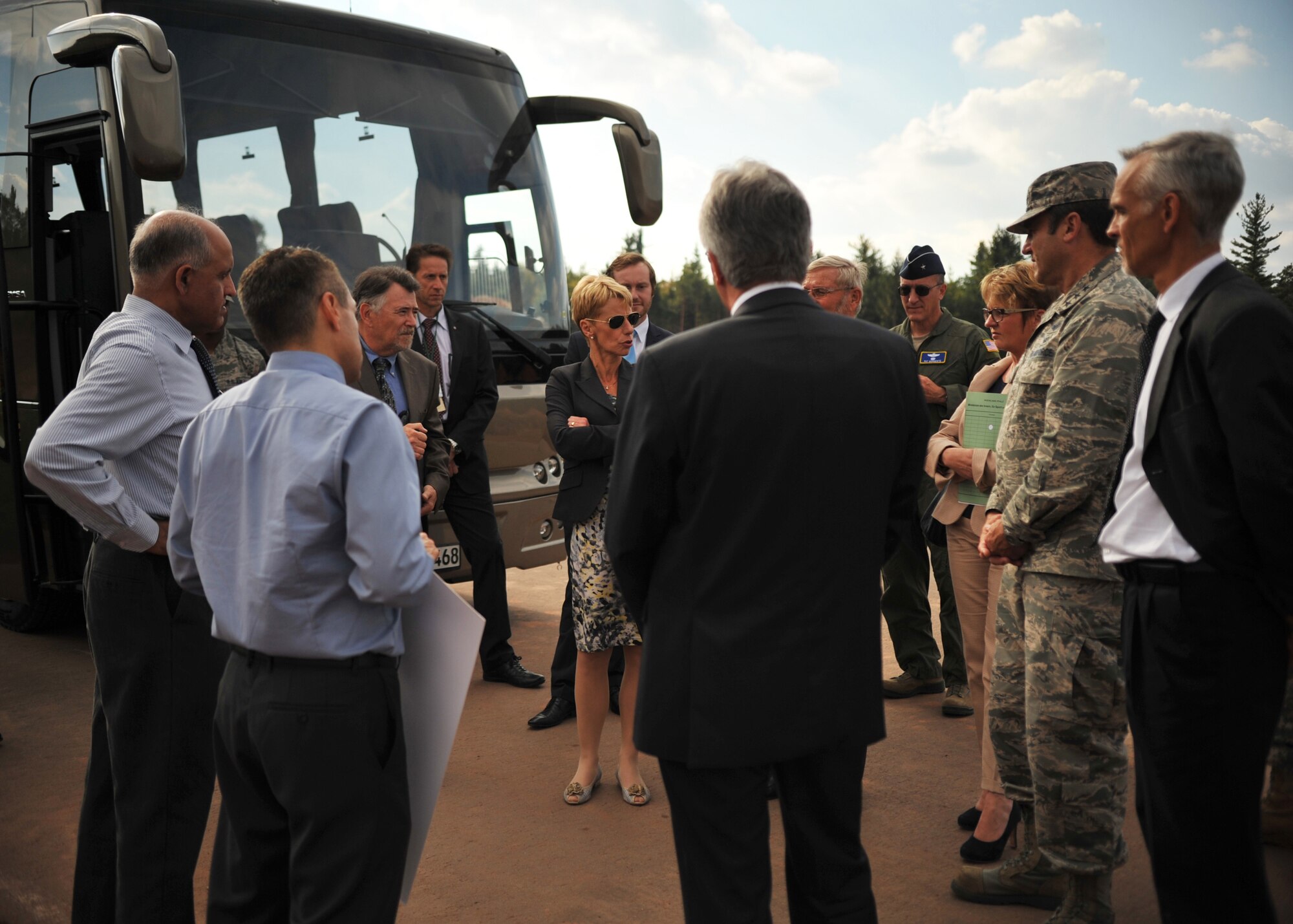 Roger Lewentz, Rheinland Pfalz Minister of the Interior, visits the Rhine Ordnance Barracks Medical Center construction site, adjacent to Ramstein Air Base, Germany, with Lt. Gen. Tom Jones, U.S. Air Forces in Europe-Air Forces Africa vice commander, and Brig. Gen. Patrick X. Mordente, 86th Airlift Wing commander,Sep. 2, 2014. Jones hosted Lewentz on his official visit to meet with senior U.S. Air Force leaders and learn about the strategic importance of the Air Force’s mission in Europe.  The State of Rheinland-Pfalz is home to Ramstein and Spangdahlem Air Bases, and once completed, the ROBMC will serve as the region’s premier U.S. military medical center.  (U.S. Air Force photo/Senior Airman Hailey Haux)