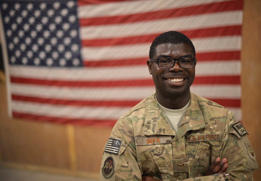 Air Force Airman 1st Class Nana Sefa is deployed to Bagram Air Field, Afghanistan, from Holloman Air Force Base, N.M. Following this deployment, Sefa, a native of Ghana, will see his wife after two years apart. U.S. Air Force photo by Staff Sgt. Evelyn Chavez