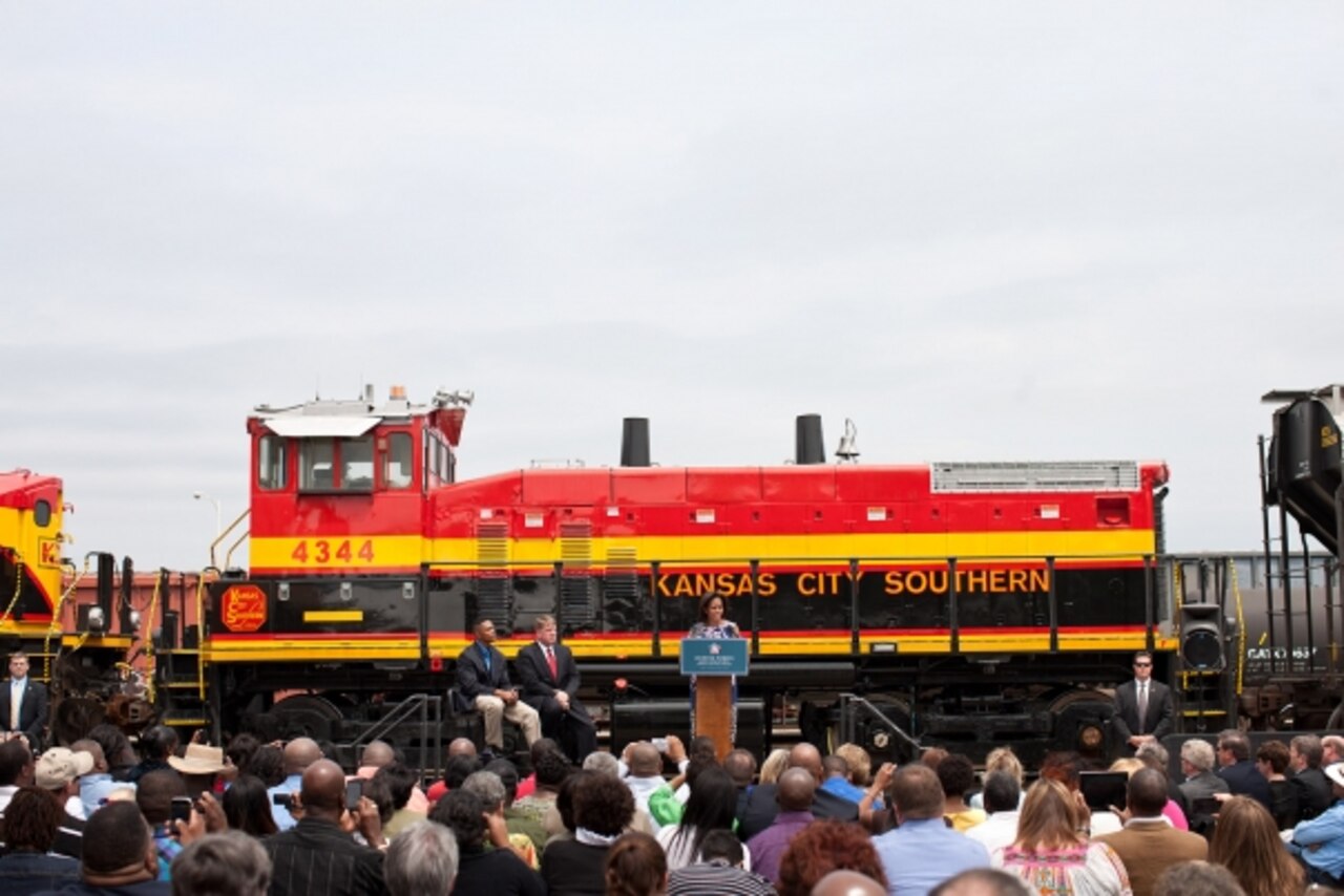 First Lady Michelle Obama speaks during an event held as part of her Joining Forces initiative at the Kansas City Southern Railroad Yard in Shreveport, La., April 12, 2012. White House photo