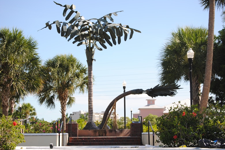 A monument stands in downtown Punta Gorda paying homage to the resilience of the town in the face of Hurricane Charley.  “The Spirit of Punta Gorda” consists of two palm trees made of metal—one is bent to show the power of hurricane winds; the other is standing tall to show the strength of the people to survive the storm.  A sundial is also built into the structure, fixed on 4:29 p.m.—the moment when the downtown clock stopped as the storm struck. 