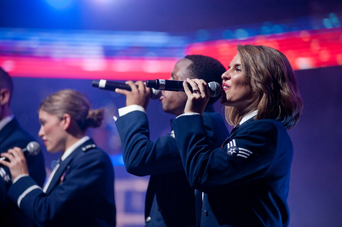 Tops in Blue members perform Aug. 28. 2014, at the Memorial Auditorium in Wichita Falls, Texas. The group performed music and entertainment stemming from a variety of popular culture with an Air Force twist for service members and their families. (U.S. Air Force photos/Airman 1st Class Jelani Gibson)
