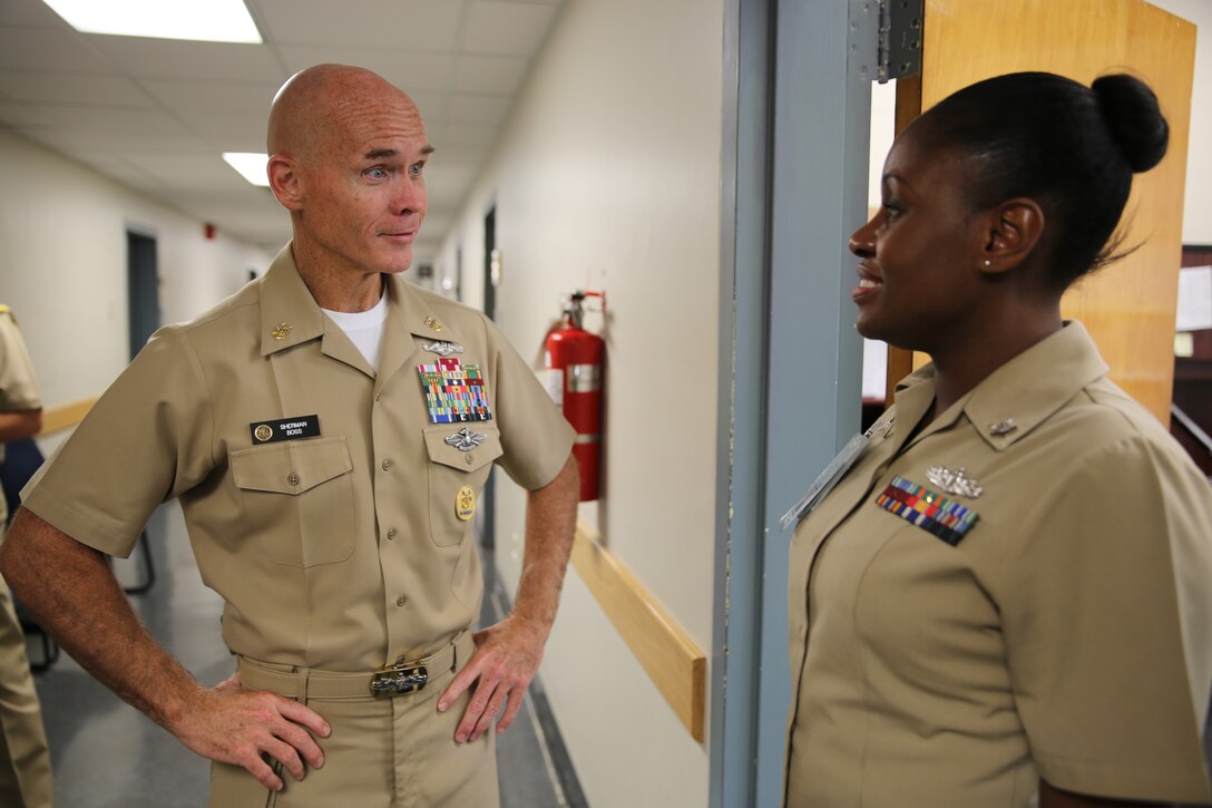 Vice Admiral Matthew Nathan, the Surgeon General of the Navy, and Force Master Chief Sherman Boss, the director of the Hospital Corps, visited the Tri-Command, Aug. 28. During the visit, Nathan and Boss toured the medical facilities on Marine Corps Air Station Beaufort, Marine Corps Recruit Depot Parris Island, and Naval Hospital Beaufort.