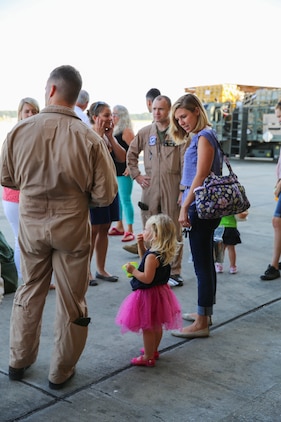 Marines and their families stand by as Marine All-Weather Fighter Attack Squadron 533 prepares to deploy to the Western Pacific, Sept. 2. During the deployment,  the Marines will conduct various training exercises to strengthen international interoperability and allied relationships.