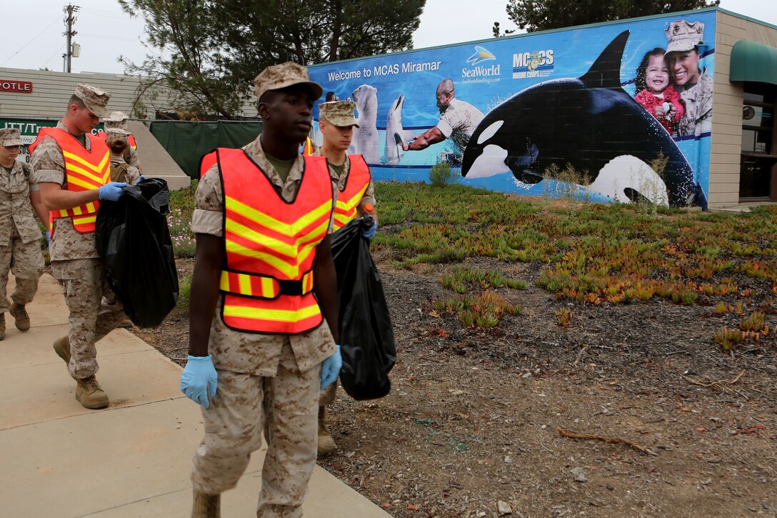 Marines with Marine Corps Air Station Miramar and 3rd Marine Aircraft Wing participate in a station wide cleanup aboard MCAS Miramar, Calif., Sept. 4. Approximately 250 Service members helped with the efforts to clean up the air station.