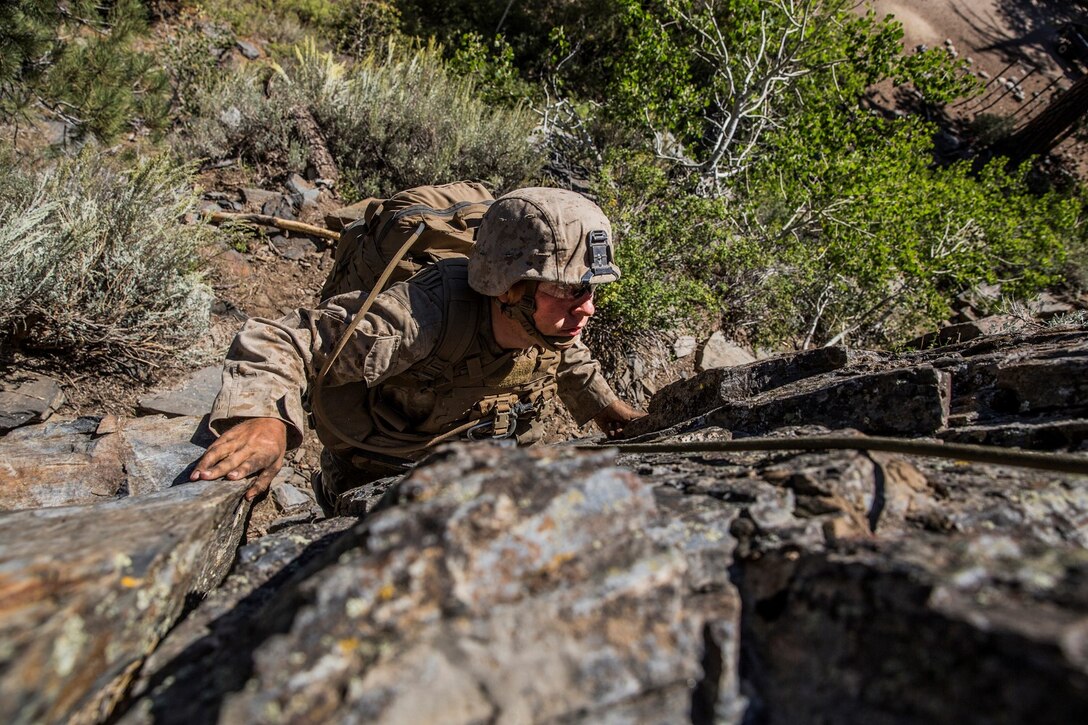 U.S. Marine Pfc. Brandon Daniels, 18, from Dayton, Texas, looks for a route up a cliff during Mountain Exercise 2014 aboard Marine Corps Mountain Warfare Training Center in Bridgeport, Calif., Sept. 1, 2014. Daniels is an infantry rifleman with 2nd Platoon, Lima Company, 3rd Battalion, 1st Marine Regiment. Marines with 3rd Battalion, 1st Marine Regiment will become the 15th Marine Expeditionary Unit’s ground combat element in October. Mountain Exercise 2014 develops critical skills the battalion will need during deployment. (U.S. Marine Corps photo by Sgt. Emmanuel Ramos/Released)