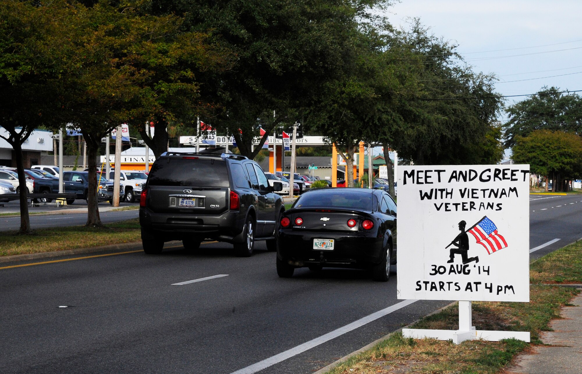 A sign is posted on the side of U.S. Highway 98 to advertise a fundraiser event for three organizations including local Vietnam veterans at Liza Jackson Park in Fort Walton Beach, Fla., Aug. 30, 2014. The event was part of a Department of Defense initiative to honor and pay tribute to veterans of the Vietnam War.  (U.S. Air Force photo/ Staff Sgt. Sarah Hanson)