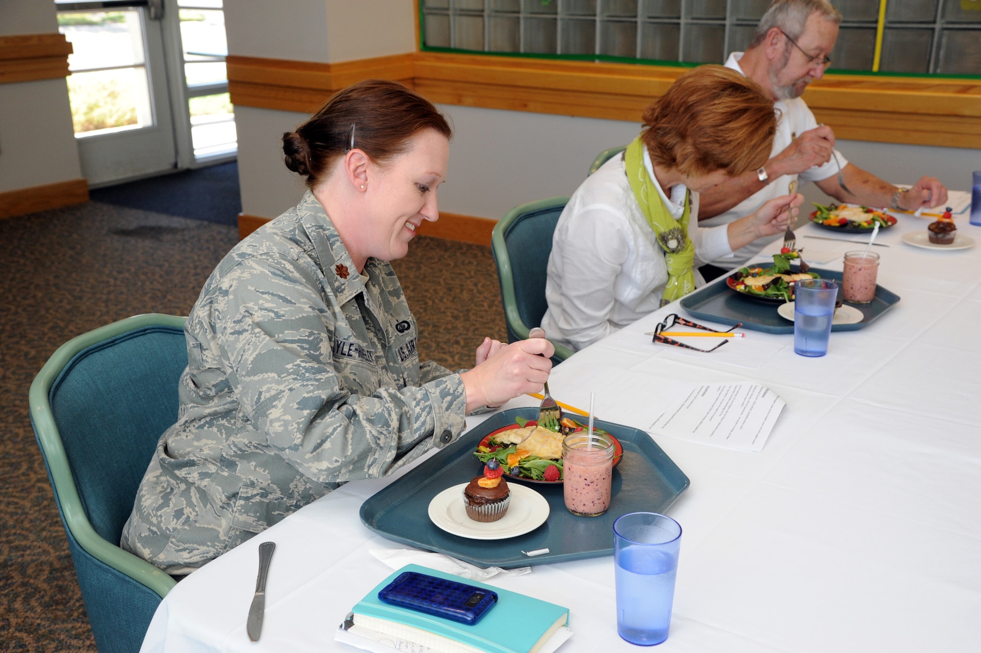 This quarter’s judges for the Warrior Chef competition Sept. 4 at the Elkhorn Dining Facility were Maj. Karen Dayle-Horsley, 341st Force Support Squadron commander, Lynne Henryford, cookbook author, and Denis Miller, Air Force Association representative. Judges scored competitors on their dish’s taste, appearance, creativity, dress and appearance of the chef team and honoring the theme ingredient. (U.S. Air Force photo/Airman 1st Class Joshua Smoot)