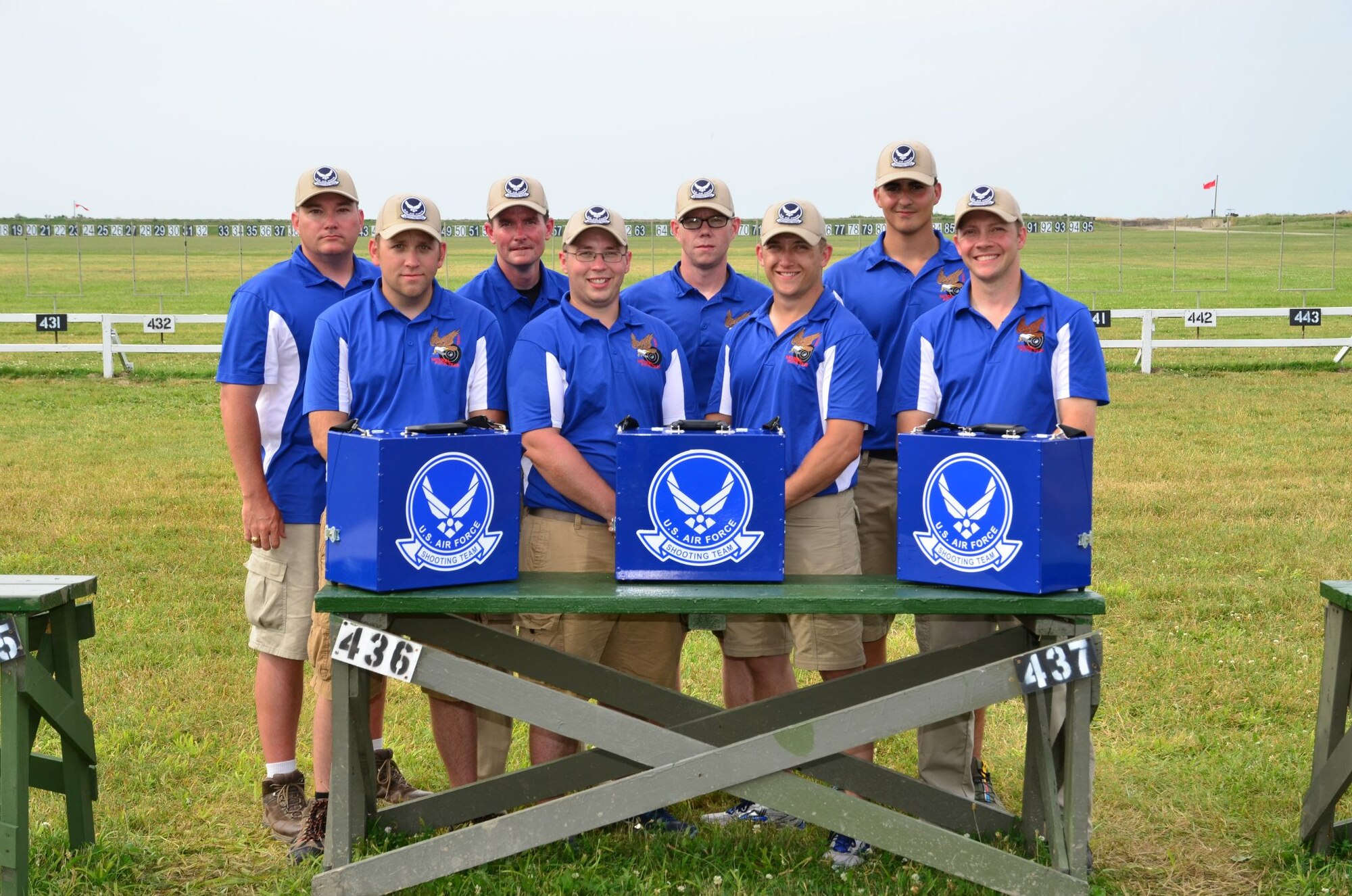 The Air Force National Pistol Team stands for a photo at the Camp Perry, Ohio, National Match.  U.S. Air Force Staff Sgt. Richard Mallette, 55th Maintenance Squadron aerospace ground equipment craftsman (bottom middle left,) is the only member of the team from Offutt Air Force Base, Nebraska. (Courtesy photo)