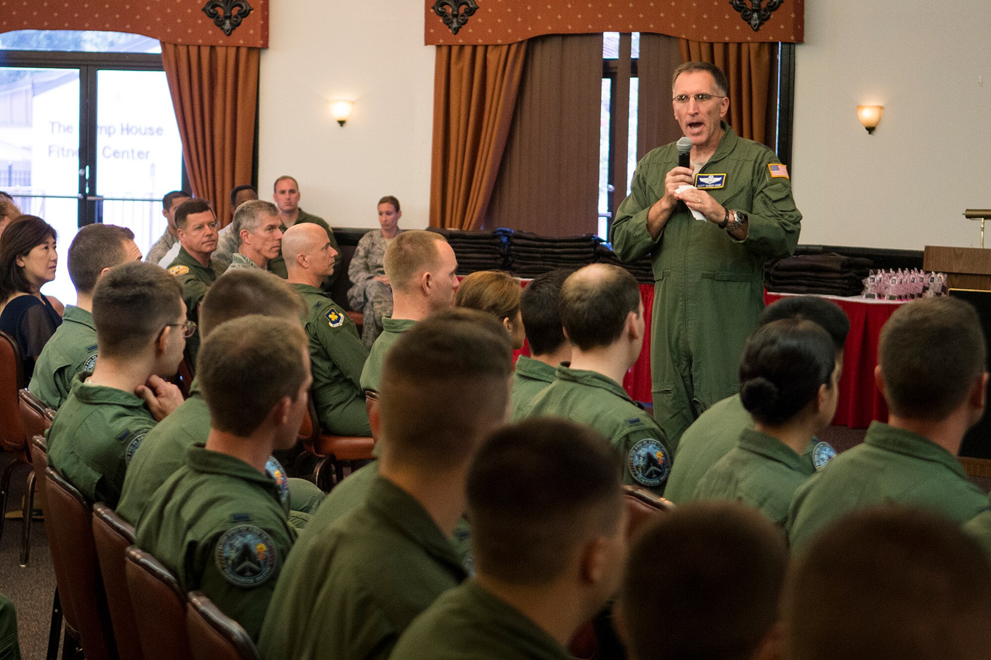 U.S. Air Force Maj. Gen. Scott Vander Hamm, Eighth Air Force commander, speaks during the Formal Training Unit (FTU) class 14-01 graduation ceremony, Aug. 28, 2014, Barksdale Air Force Base, La. The FTU is comprised of the 93rd and 11th Bomb Squadrons and teaches all active duty and Air Force Reserve aircrew to fly the B-52H Stratofortress. (U.S. Air Force photo by Master Sgt. Greg Steele/Released)
