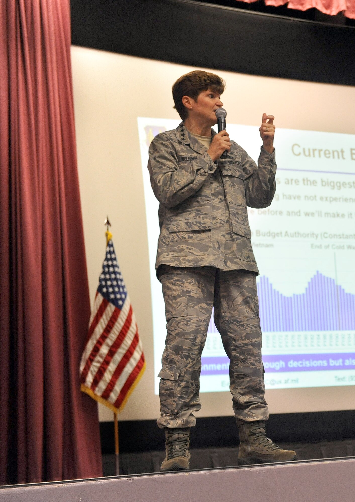 Gen. Janet Wolfenbarger, Air Force Materiel Command commander, meets with
Team Robins during an All Call conducted Aug. 27, 2014, at the base theater. (U.S. Air Force photo by Tommie Horton)
