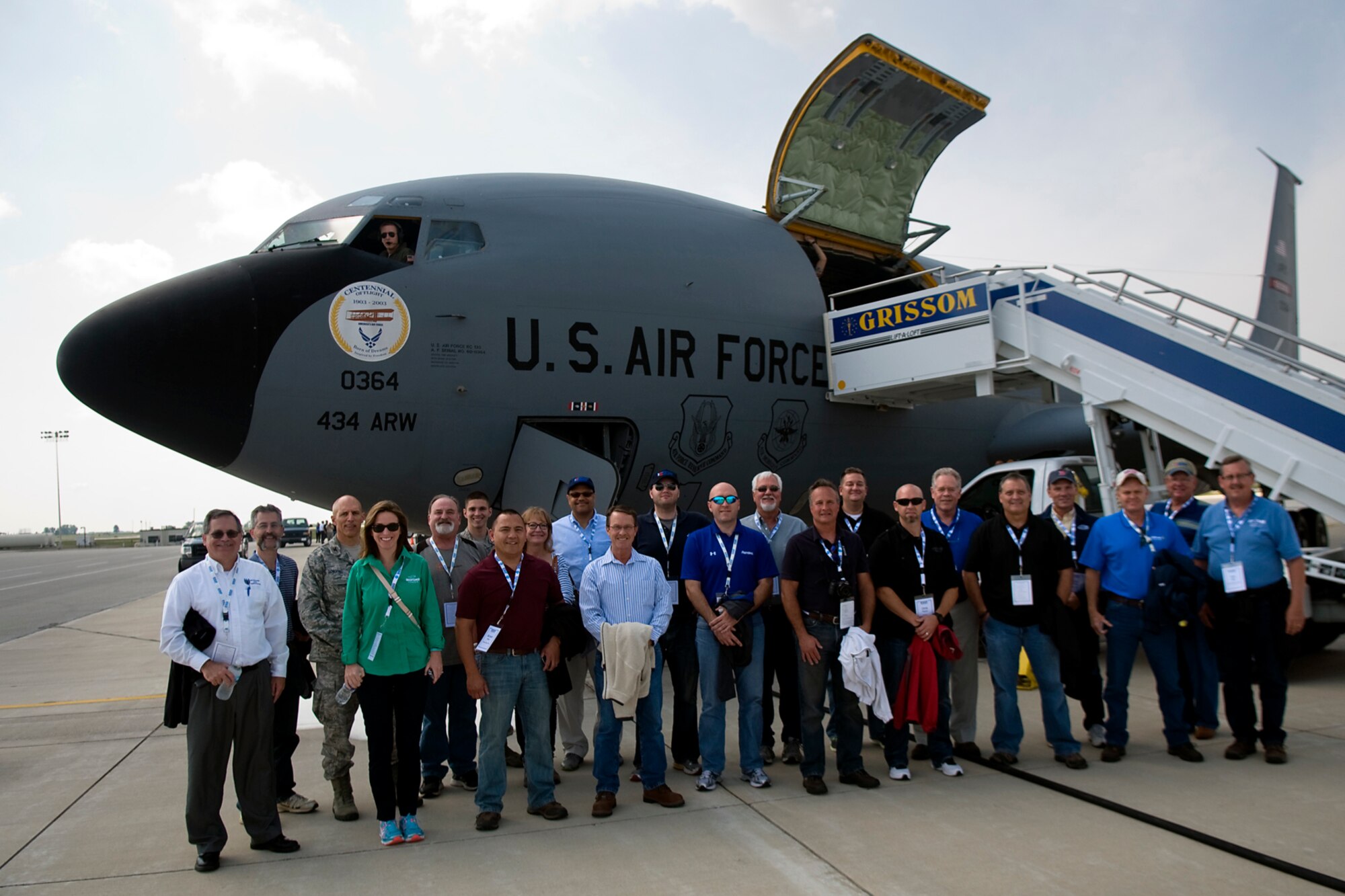 A group of employers pose for a photo in front of a KC-135R Stratotanker aircraft from the Air Force Reserve's 434th Air Refueling Wing at Grissom Air Reserve Base, Ind., before taking off on a refueling mission Aug. 20, 2014. Indiana's two flying wings partnered together to fly 37 employers of guardsmen and reservists on a boss lift aimed at educating them about their employees' military service and responsibilities. (U.S. Air Force photo/Tech. Sgt. Mark R. W. Orders-Woempner) 
