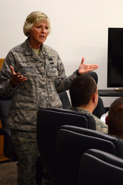 Brig. Gen. Carolyn Protzmann, New Hampshire Air National Guard commander, welcomes technical sergeants prior to beginning the Satellite NCO Academy course at Pease Air National Guard Base Aug. 26. Students enrolled in the course will spend Tuesday and Thursday nights through late November at Pease followed by a two week in-residence assignment at McGhee Tyson ANG Base, Tennessee. Technical sergeants have the option of attending the course in residence, correspondence and by satellite. (N.H. Air National Guard photo by Tech. Sgt. Mark Wyatt)