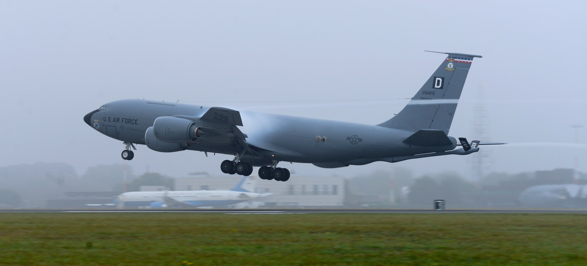 A KC-135 Stratotanker, part of a four-ship takeoff, departs for a refueling mission Sept. 5, 2014, from RAF Mildenhall, England. The four aircraft were en route to pass fuel to Norwegian receivers. (U.S. Air Force photo/Senior Airman Victoria H. Taylor/Released)