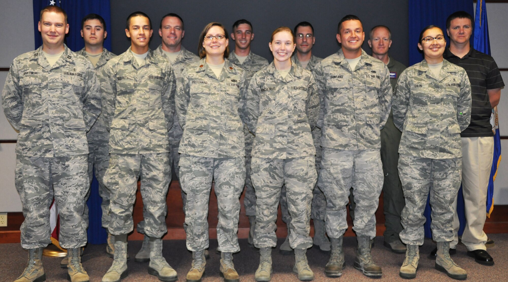 The 931st Air Refueling Group welcomed the following newcomers during the September unit training assembly, September 6, 2014. First row, left to right: Capt. Timothy Jankowski, Airman Basic Jose Sustaita, Maj. Erin Pritchard, Senior Airman Alex Quintana, and Master Sgt. Tracey Ehlin.  Back row, left to right: Staff Sgt. Joshua Click, Master Sgt. Ryan Perzee, Airman Basic Roderick Williams, Staff Sgt. Anthony Gililland, Maj. Chase Crosby, and Tech. Sgt. Chase Kovarik.