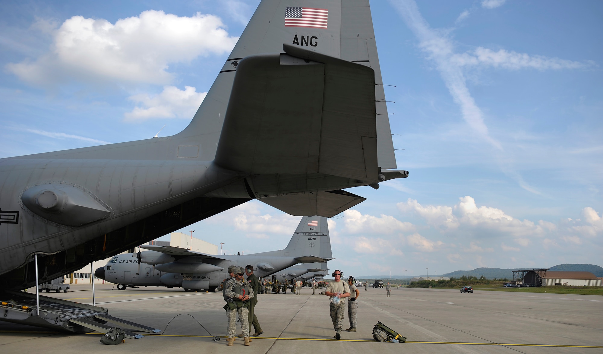 Air National Guard C-130s park on the flightline during Steadfast Javelin II on Ramstein Air Base, Germany, Sept. 5, 2014. Active-duty and ANG aircraft are supporting Steadfast Javelin II by providing personnel air drop and air landings in support of forcible entry, force projection and reinforcing the joint commitment to Operation Atlantic Resolve, which demonstrates commitment to NATO Allies and security in Eastern Europe. (U.S. Air Force photo by Staff Sgt. Sara Keller)