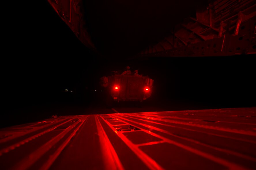 A U.S. Army Stryker assigned to the 2nd Cavalry Regiment offloads from a C-17 Globemaster III, in support of Steadfast Javelin II in Latvia, Sept. 5, 2014. Steadfast Javelin II is a NATO exercise involving over 2,000 troops and takes place across Estonia, Germany, Latvia, Lithuania and Poland. The exercise focuses on increasing interoperability and synchronizing complex operations between allied air and ground forces through airborne and air assault missions. (U.S. Air Force photo/Senior Airman Damon Kasberg)