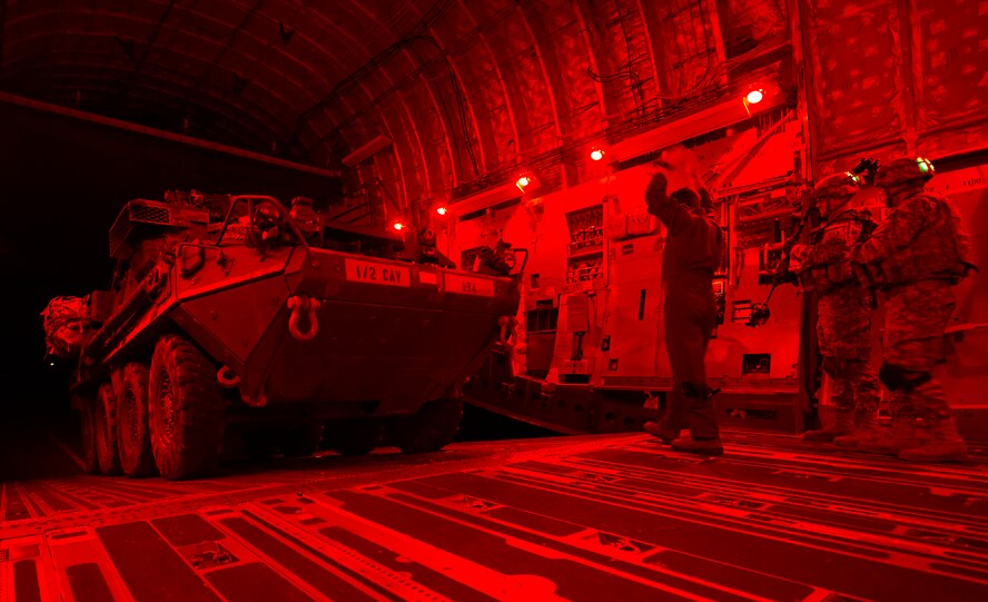 A U.S. Army Stryker assigned to the 2nd Cavalry Regiment offloads from a C-17 Globemaster III in support of Steadfast Javelin II in Latvia, Sept. 5, 2014. Steadfast Javelin II is a NATO exercise involving over 2,000 troops and takes place across Estonia, Germany, Latvia, Lithuania and Poland. The exercise focuses on increasing interoperability and synchronizing complex operations between allied air and ground forces through airborne and air assault missions. (U.S. Air Force photo/Senior Airman Damon Kasberg)
