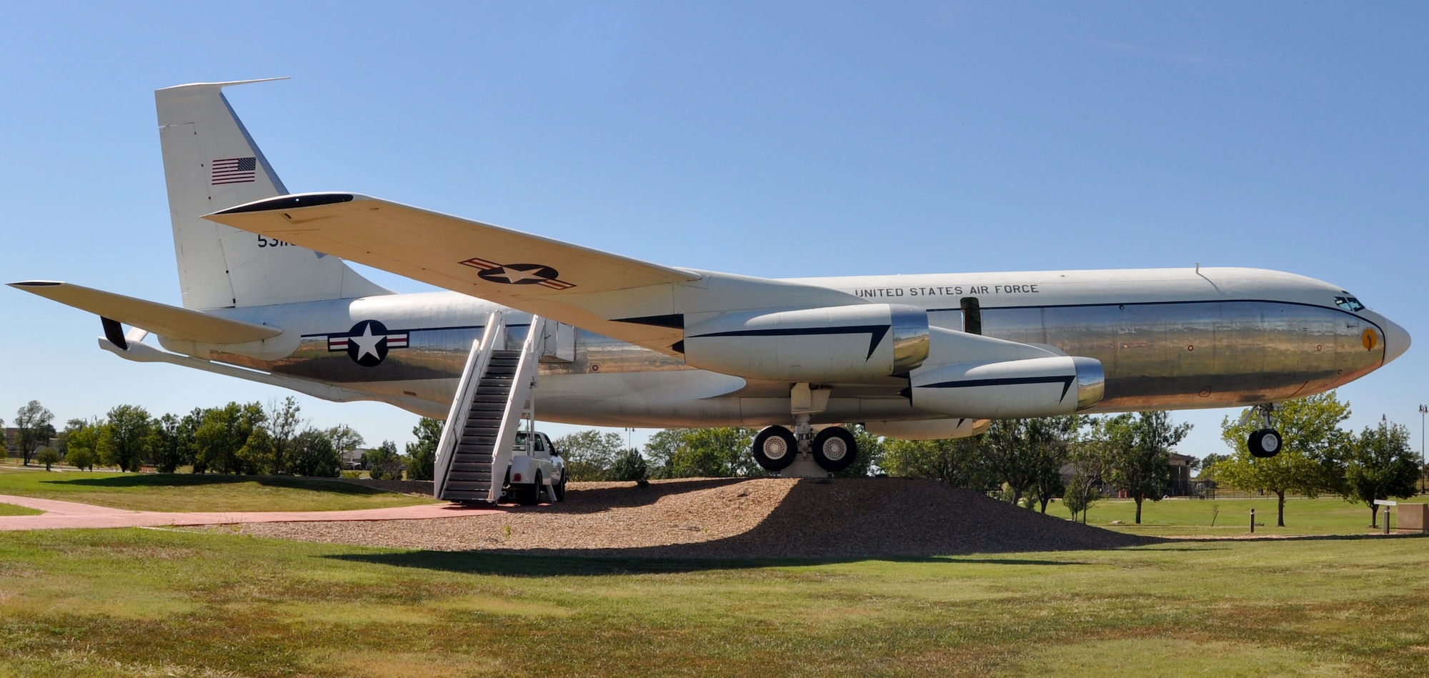 A static display of a KC-135A Stratotanker was recently opened and featured by members of the 931st Maintenance Squadron at the air park at McConnell Air Force Base, Kan., Sept. 7, 2014.  Of the original KC-135As, more than 415 have been modified with new CFM-56 engines produced by CFM-International. (U.S. Air Force photo by Staff Sgt. Abigail Klein)