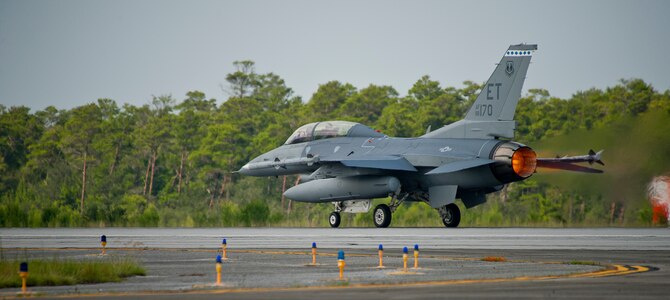 A 40th Flight Test Squadron F-16 Fighting Falcon begins its take off roll on the runway at Eglin Air Force Base, Fla.  The 40th FTS Airmen fly developmental test missions in the F-16, F-15 and A-10.  The 40th FTS is a squadron in the 96th Test Wing.  (U.S. Air Force photo/Tech. Sgt. Jasmin Taylor)