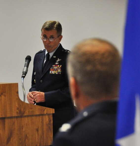 Maj. Gen. William Schauffert, retired U.S. Strategic Command mobilization assistant at Third Air Force, officiates Col. Robert Mortensen’s retirement ceremony Sep. 6, 2014, Naval Air Station Fort Worth Joint Reserve Base, Texas. Mortensen, deputy director operations and plans at Tenth Air Force, previously served as vice-commander of the 301st Fighter Wing from 2008 to 2010. (U.S. Air Force photo by Staff Sgt. Samantha Mathison)